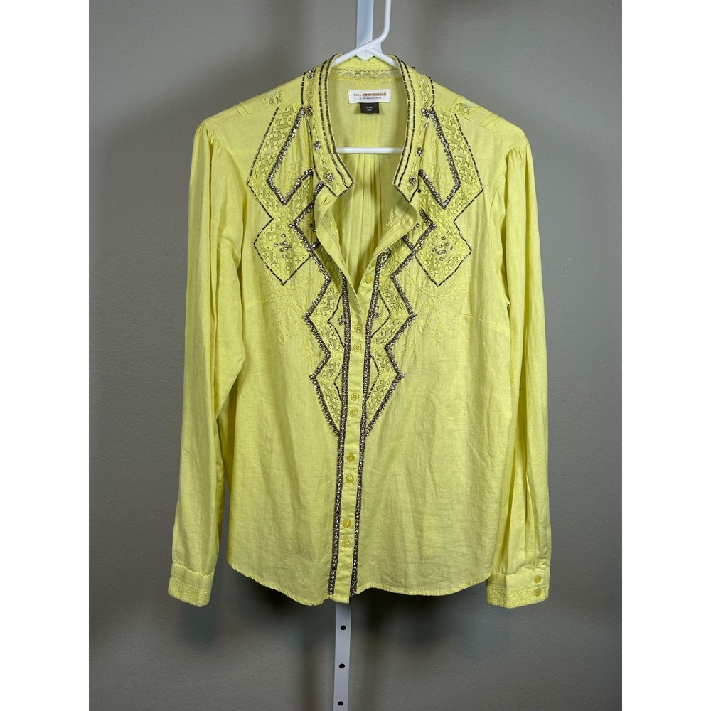 Anthropologie Pilcro Button Down Women's Large Yellow Beaded Lace Linen Shirt